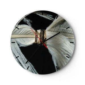 Orologio da parete - Orologio in Vetro - Fedi nuziali in oro posizionate su piume bianche su sfondo nero - 30x30cm - ...e non ti lascerò... - Decorazione murale moderna per soggiorno, cucina e camera da letto ARTTOR