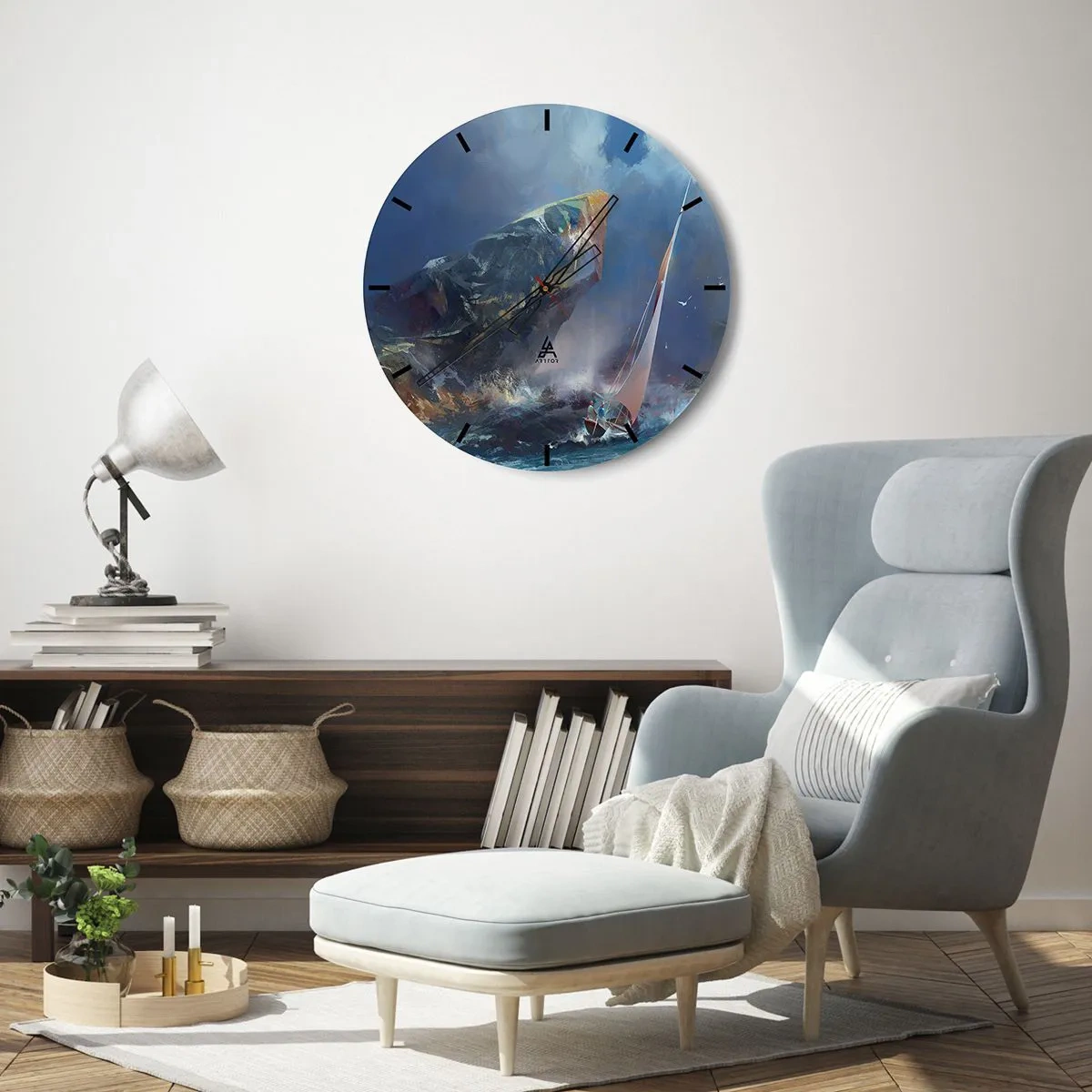 Orologio da parete - Orologio in Vetro - Uno yacht in un mare in tempesta vicino alle rocce in stile astratto. - 30x30cm - Vince chi ha coraggio - Decorazione murale moderna per soggiorno, cucina e camera da letto ARTTOR