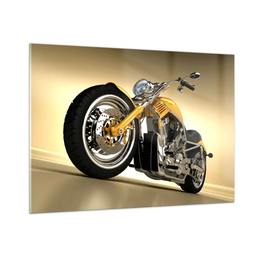 Quadro su vetro - Una motocicletta personalizzata dorata su uno sfondo chiaro - 100x70cm - Sogno di forza e di velocità - Decorazione murale moderna per soggiorno e camera da letto ARTTOR