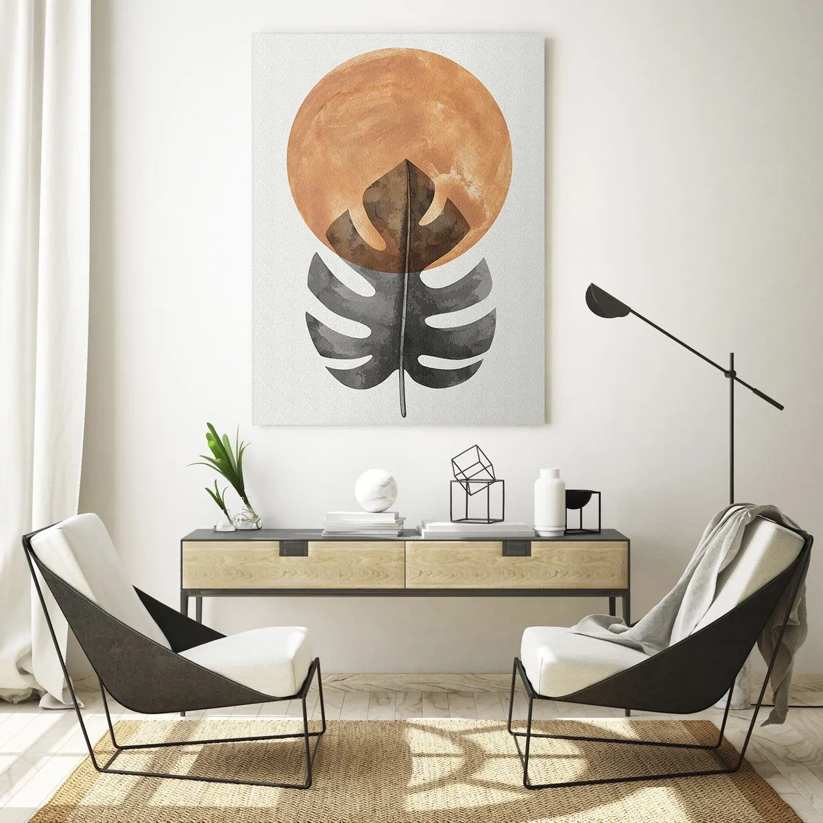 Quadro su vetro - Foglia di monstera e cerchio arancione in stile grafico su sfondo bianco. - 50x70cm - Sempre il sole - Decorazione murale moderna per soggiorno e camera da letto ARTTOR