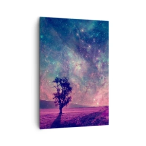Quadro su tela - Stampe su Tela - Un albero contro un cielo stellato nei colori viola e blu - 70x100cm - Sotto un cielo magico - Decorazione murale moderna per soggiorno e camera da letto ARTTOR