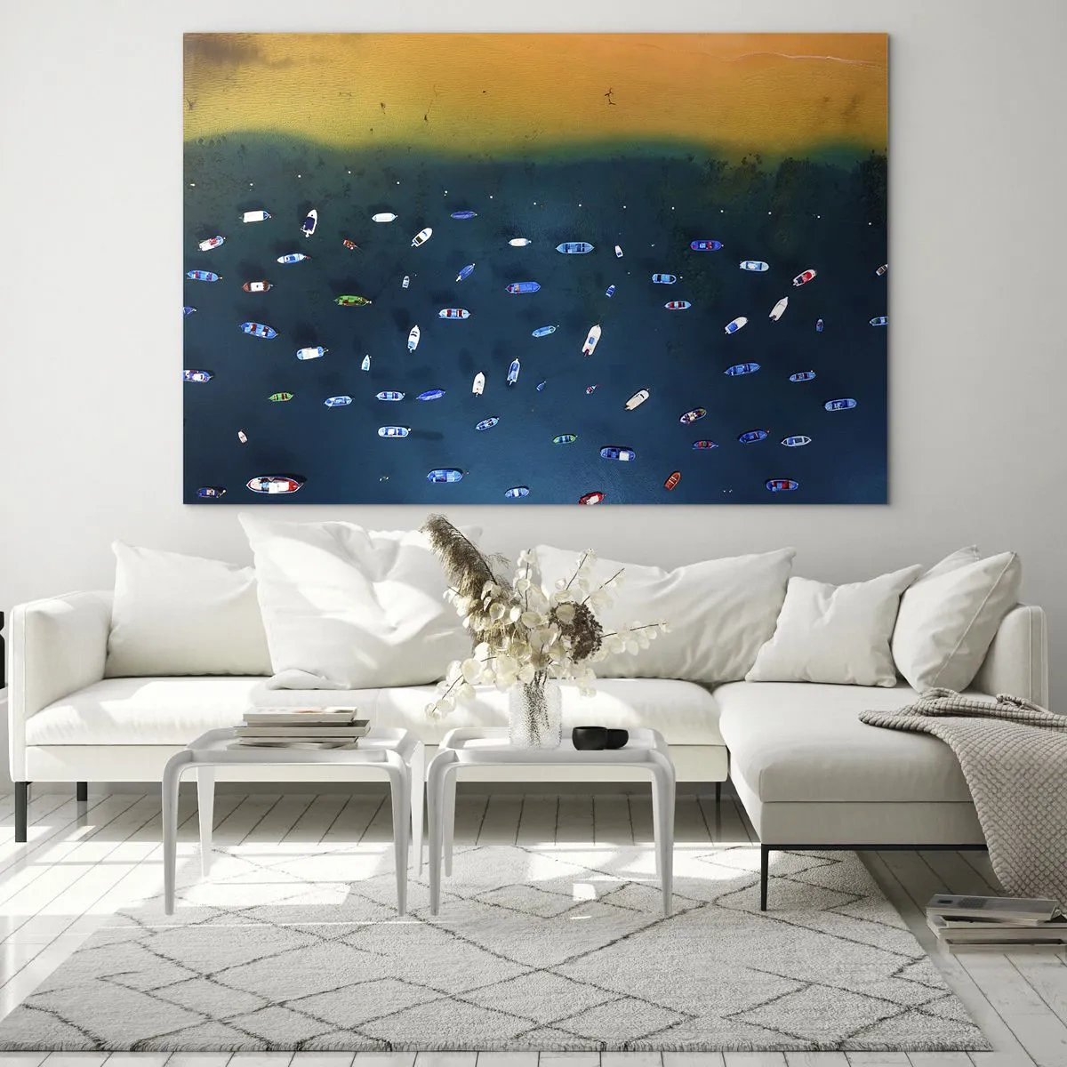 Quadro su vetro - Barche sullo sfondo di acque turchesi e una riva dorata - 70x50cm - Il gioco delle vacanze - Decorazione murale moderna per soggiorno e camera da letto ARTTOR