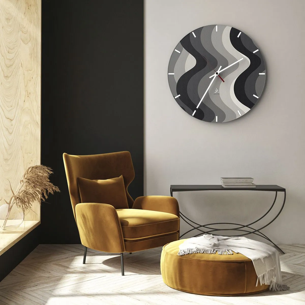 Orologio da parete - Orologio in Vetro - Strisce ondulate nei toni del grigio e del nero nel layout grafico - 30x30cm - Un'onda dopo l'altra - Decorazione murale moderna per soggiorno, cucina e camera da letto ARTTOR