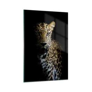 Quadro su vetro - Un leopardo su sfondo scuro con sguardo intenso - 80x120cm - Bellezza tenebrosa - Decorazione murale moderna per soggiorno e camera da letto ARTTOR