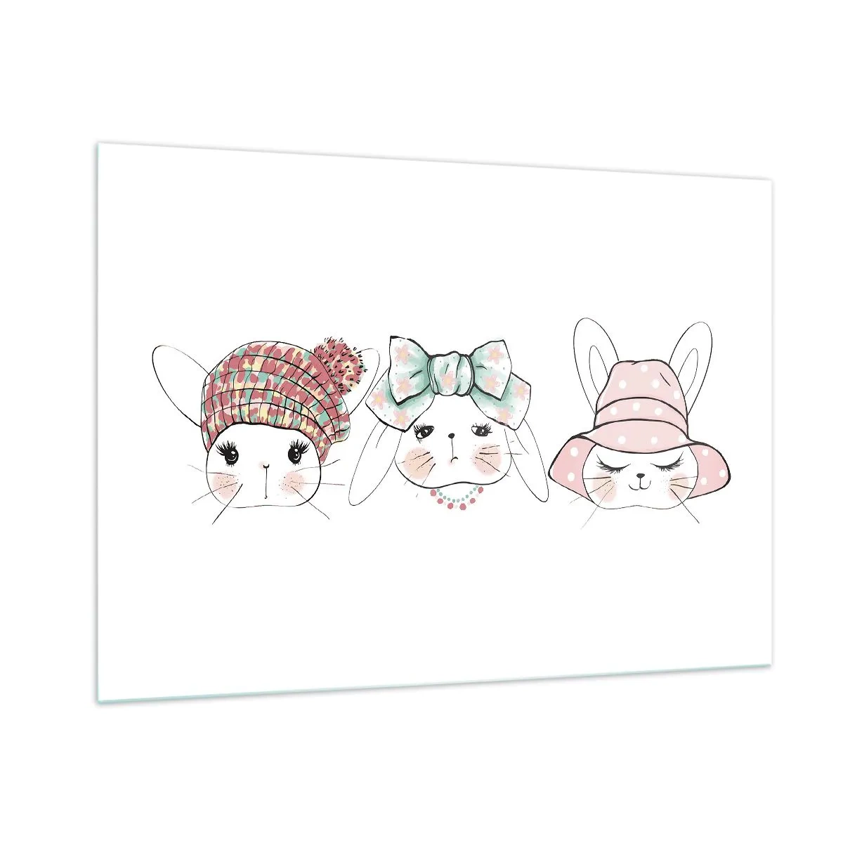 Quadro su vetro - Coniglietti carini con cappelli e fiocchi - 100x70cm - Pensierosa, triste, contenta - Decorazione murale moderna per soggiorno e camera da letto ARTTOR