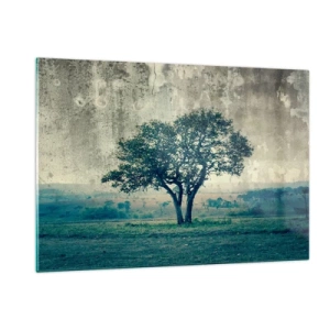 Quadro su vetro - Un albero solitario in un paesaggio d'epoca - 120x80cm - Un melo su un prato blu? - Decorazione murale moderna per soggiorno e camera da letto ARTTOR