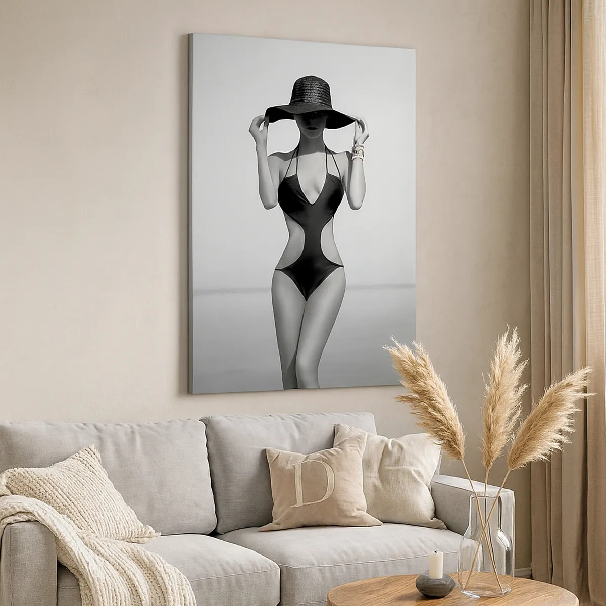 Quadro su tela - Stampe su Tela - Silhouette in bianco e nero di una donna con un cappello sullo sfondo del mare - 50x70cm - Il mio nome è Eleganza - Decorazione murale moderna per soggiorno e camera da letto ARTTOR