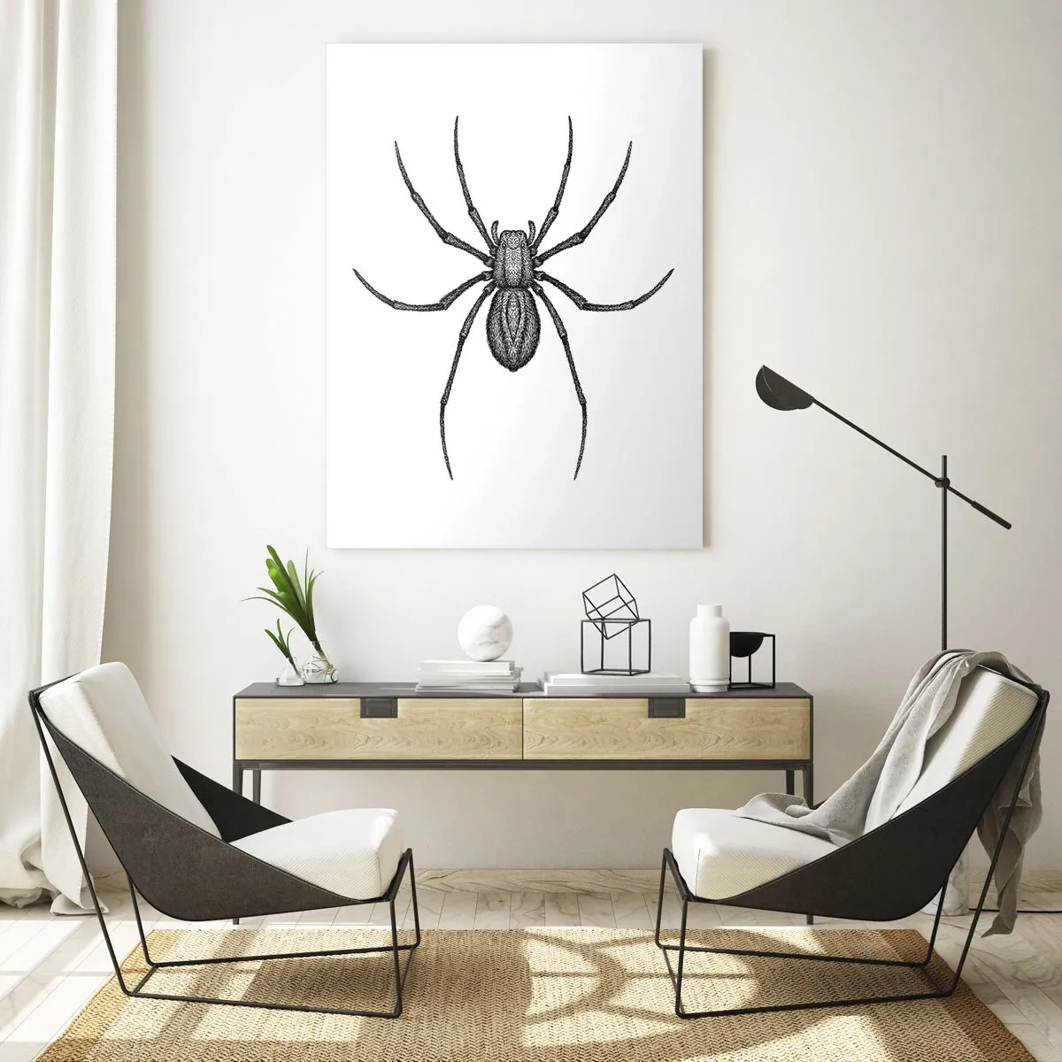 Quadro su vetro - Illustrazione in stile retrò di un ragno nero su sfondo bianco - 50x70cm - Precisione inquietante - Decorazione murale moderna per soggiorno e camera da letto ARTTOR