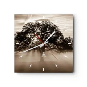Orologio da parete - Orologio in Vetro - Raggi di sole che brillano attraverso un albero solitario - 30x30cm - L'albero delle sole buone notizie - Decorazione murale moderna per soggiorno e camera da letto ARTTOR