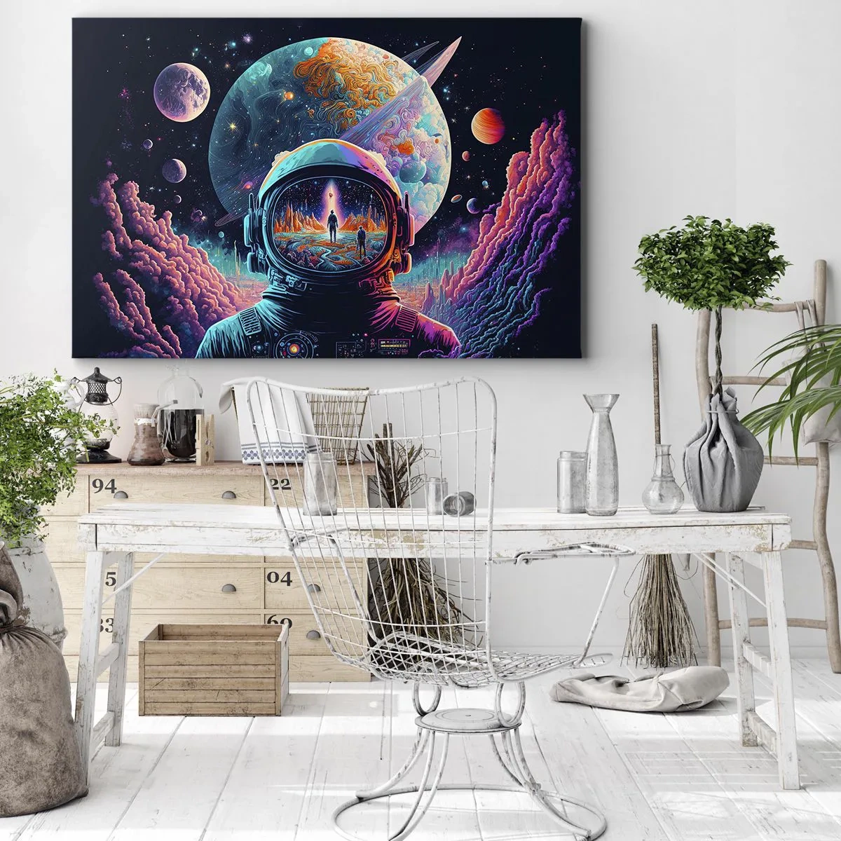 Quadro su tela - Stampe su Tela - Astronauta nello spazio con un paesaggio planetario colorato - 100x70cm - I filosofi non l'avevano pensato - Decorazione murale moderna per soggiorno e camera da letto ARTTOR