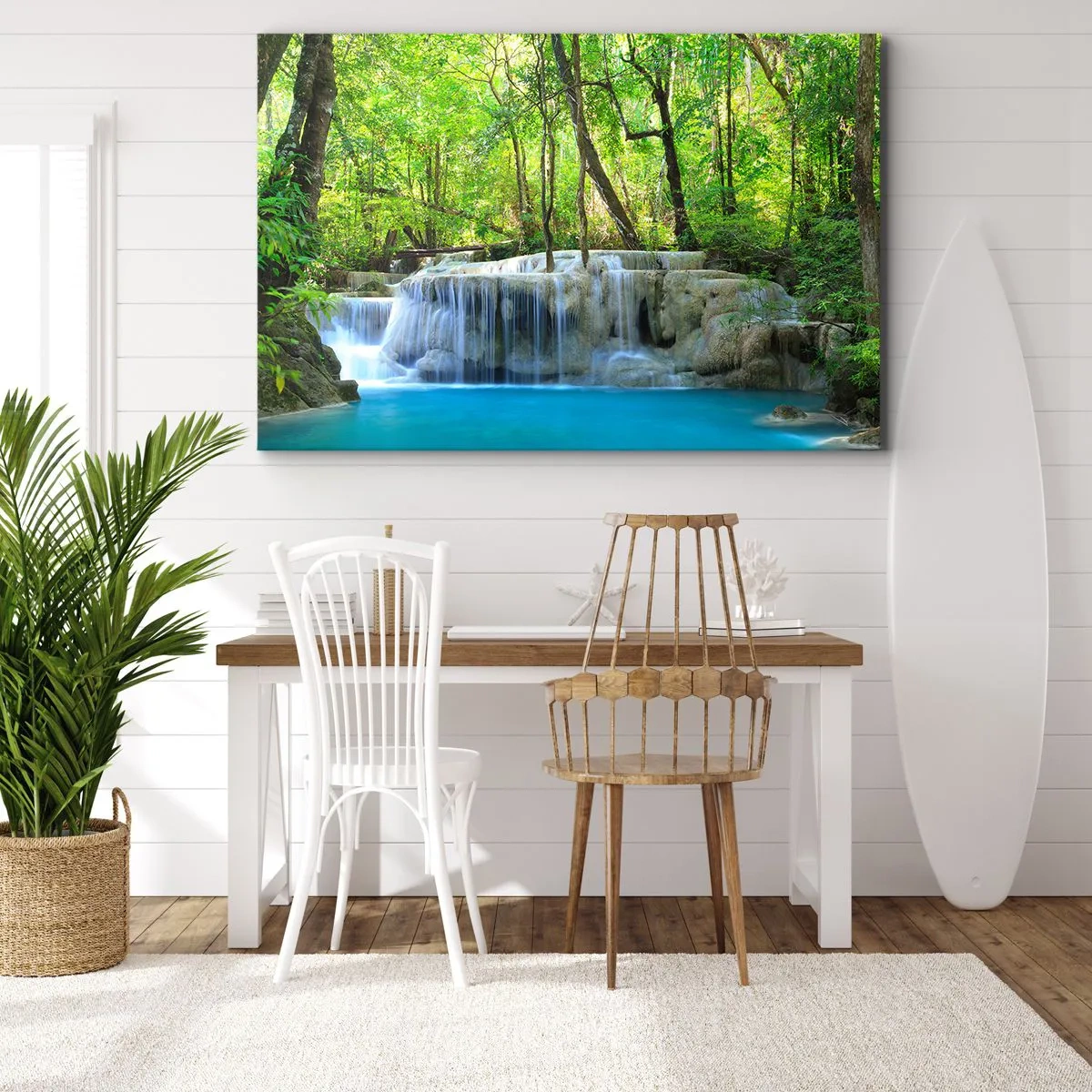 Quadro su tela - Stampe su Tela - Una cascata tra alberi verdi con acqua blu in un ambiente naturale - 120x80cm - Annegare nel turchese e nel verde - Decorazione murale moderna per soggiorno e camera da letto ARTTOR