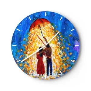 Orologio da parete - Orologio in Vetro - Una coppia sotto un ombrello rosso in una pioggia luminosa di colori - 30x30cm - La magia di una sera piovosa? - Decorazione murale moderna per soggiorno, cucina e camera da letto ARTTOR