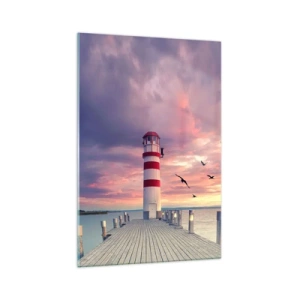 Quadro su vetro - Un faro sul molo circondato da un pittoresco tramonto - 70x100cm - Tempo di tornare in porto - Decorazione murale moderna per soggiorno e camera da letto ARTTOR