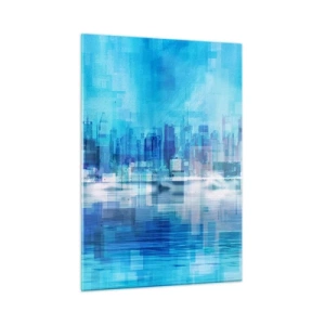 Quadro su vetro - Un panorama urbano moderno nei toni del blu - 50x70cm - Immersi nel blu - Decorazione murale moderna per soggiorno e camera da letto ARTTOR