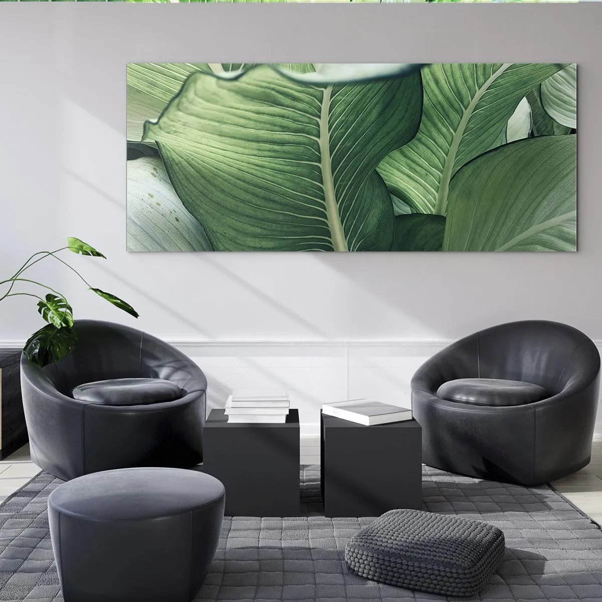 Quadro su vetro - Foglie verdi con dettagli e struttura espressivi - 160x50cm - Una vita intensamente verde - Decorazione murale moderna per soggiorno e camera da letto ARTTOR