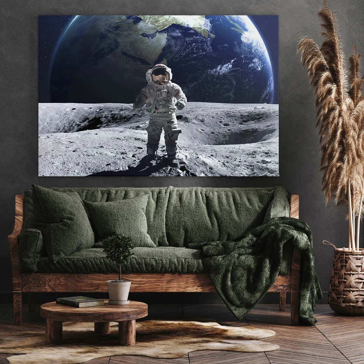 Quadro su tela - Stampe su Tela - Astronauta sulla superficie della Luna con la Terra sullo sfondo - 120x80cm - Saluti dalla luna - Decorazione murale moderna per soggiorno e camera da letto ARTTOR