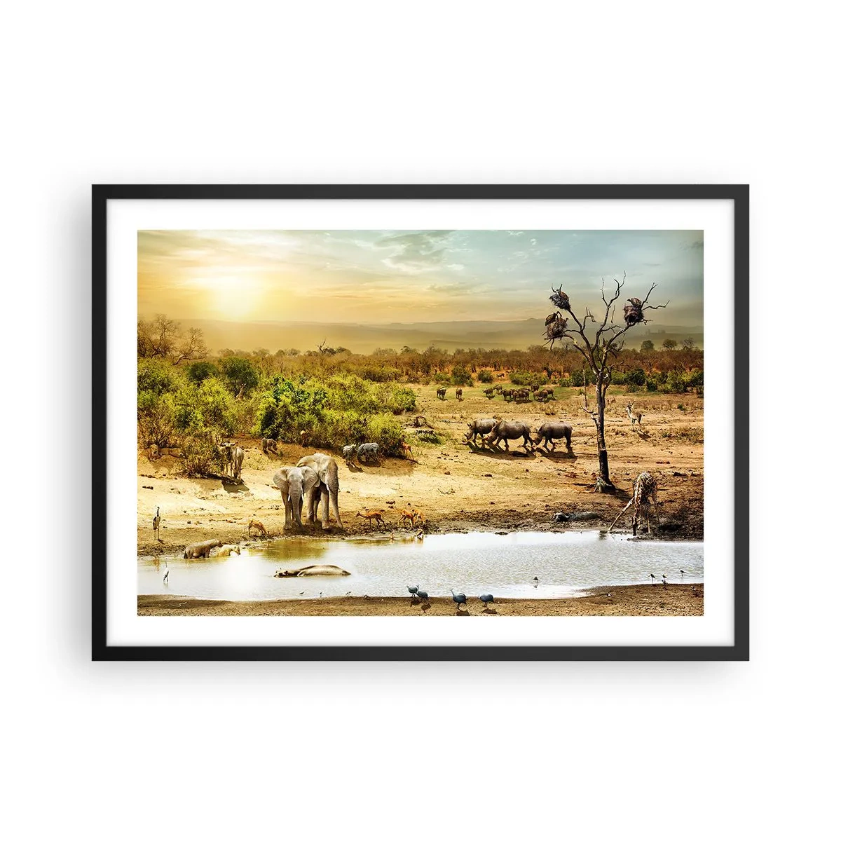 Poster in cornice nera - Elefanti e animali selvatici in una pozza d'acqua al tramonto - 70x50cm - "Un fiume usciva da Eden…" - Decorazione murale moderna per soggiorno e camera da letto ARTTOR