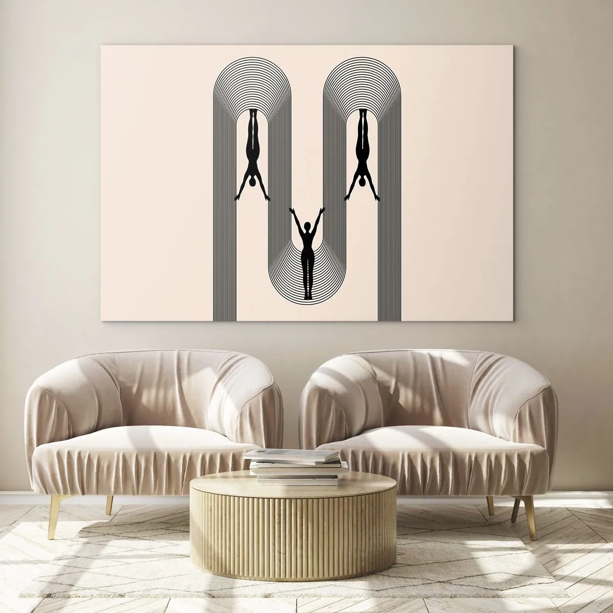 Quadro su vetro - Sagome nere di figure sospese in archi ritmici - 70x50cm - Sottosopra - Decorazione murale moderna per soggiorno e camera da letto ARTTOR