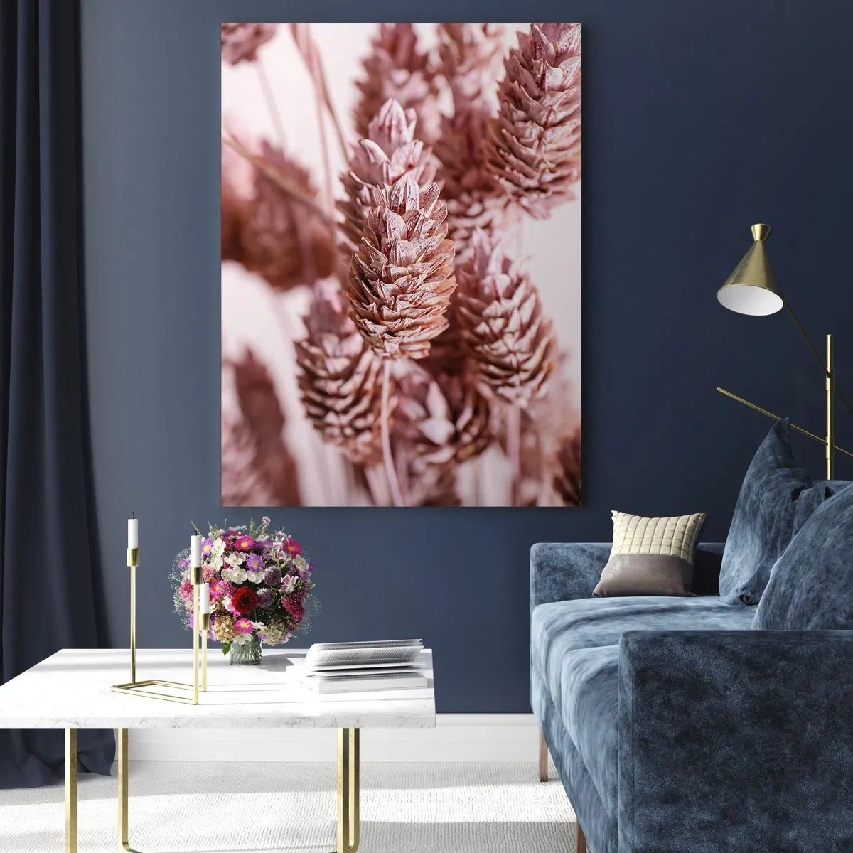 Quadro su vetro - Spighe di erba secca nei toni del rosa cipria - 50x70cm - A prima vista poco appariscenti - Decorazione murale moderna per soggiorno e camera da letto ARTTOR