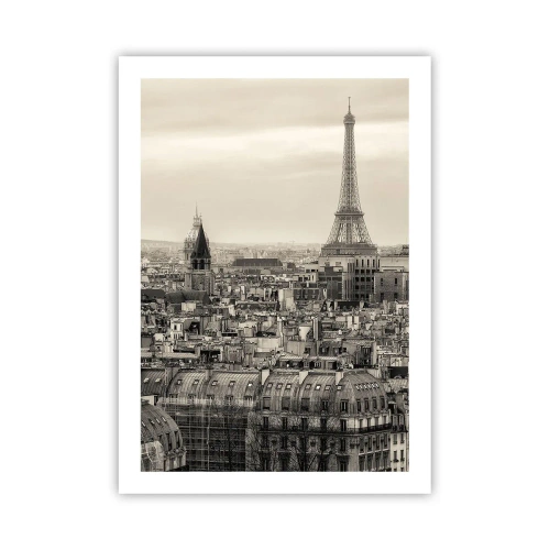 Poster - Panorama di Parigi con la Torre Eiffel in tonalità seppia - 50x70cm - Sui tetti di Parigi - Decorazione murale moderna per soggiorno e camera da letto ARTTOR