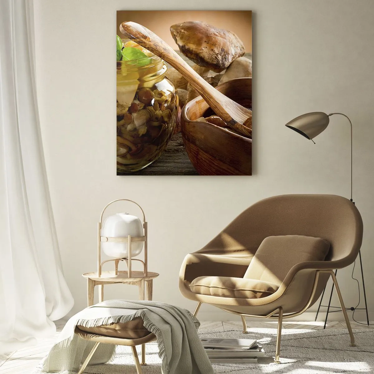 Quadro su vetro - Funghi naturali in un barattolo su un tavolo rustico - 80x120cm - Freschi, conservati, autunnali... - Decorazione murale moderna per soggiorno e camera da letto ARTTOR