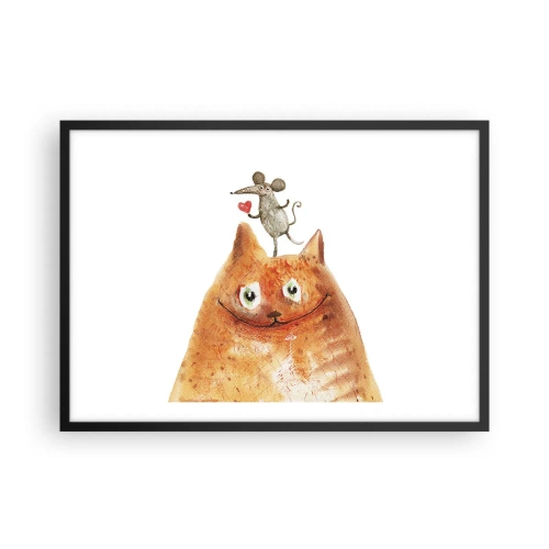 Poster in cornice nera - Un disegno di un gatto con un topo sulla testa che tiene un cuore - 70x50cm - I paradossi dell'amore - Decorazione murale moderna per soggiorno e camera da letto ARTTOR