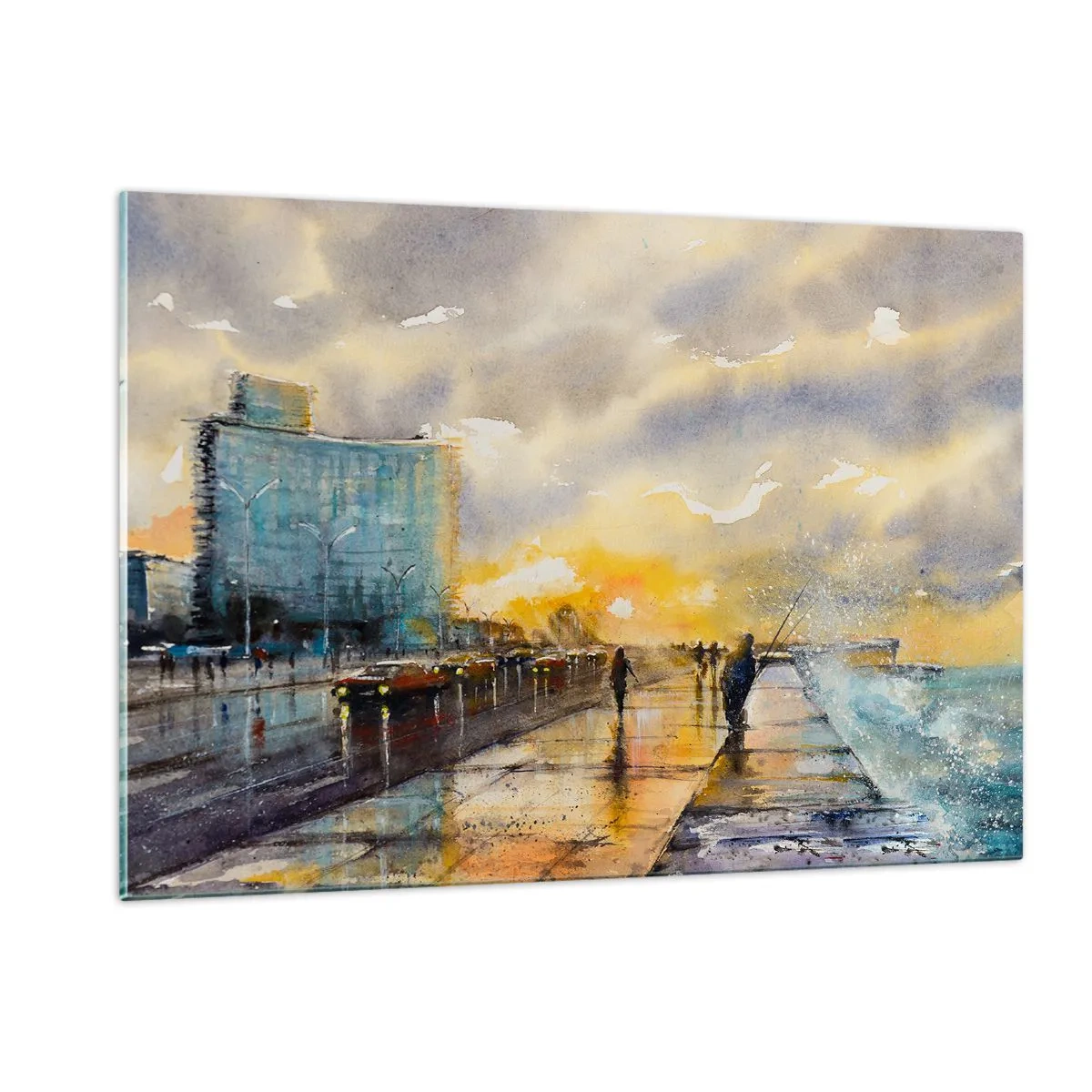 Quadro su vetro - Città di mare ad acquerello con tramonto - 120x80cm - Vita sulla costa - Decorazione murale moderna per soggiorno e camera da letto ARTTOR