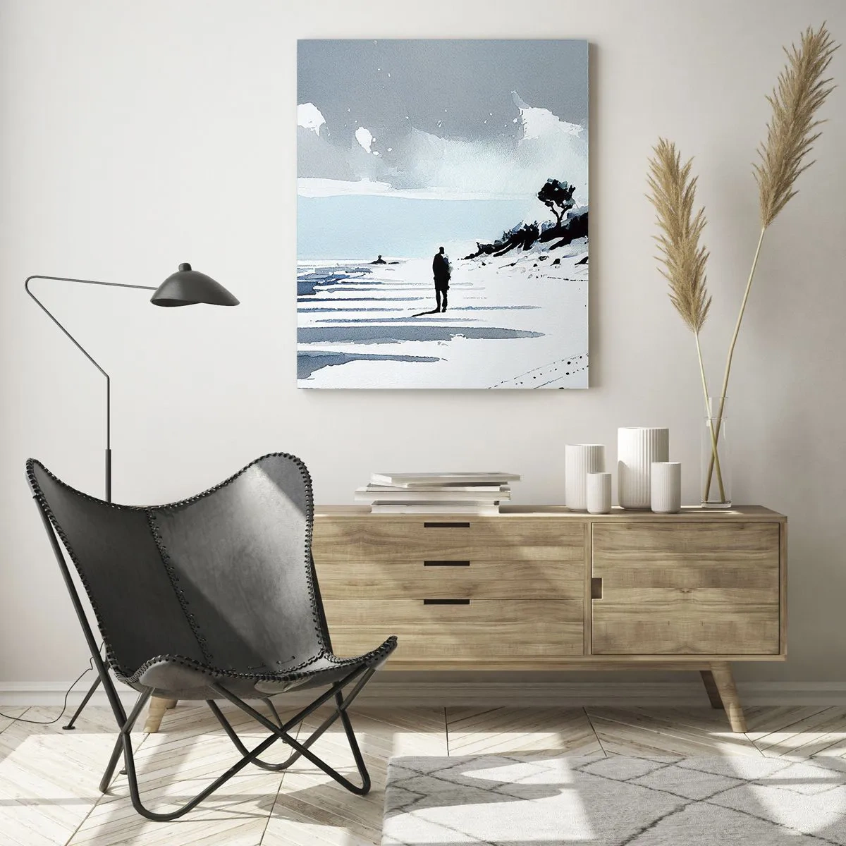 Quadro su vetro - Silhouette di una persona sola che cammina su una spiaggia deserta - 50x70cm - Solo con se stesso - Decorazione murale moderna per soggiorno e camera da letto ARTTOR