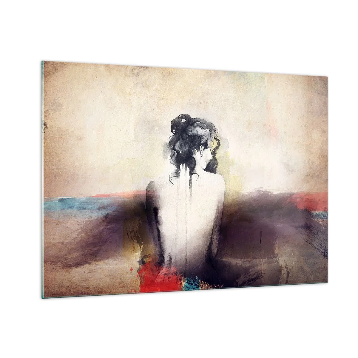 Quadro su vetro - Un delicato ritratto di una donna su uno sfondo paesaggistico color pastello. - 100x70cm - Linee miti, forme ovali - Decorazione murale moderna per soggiorno e camera da letto ARTTOR