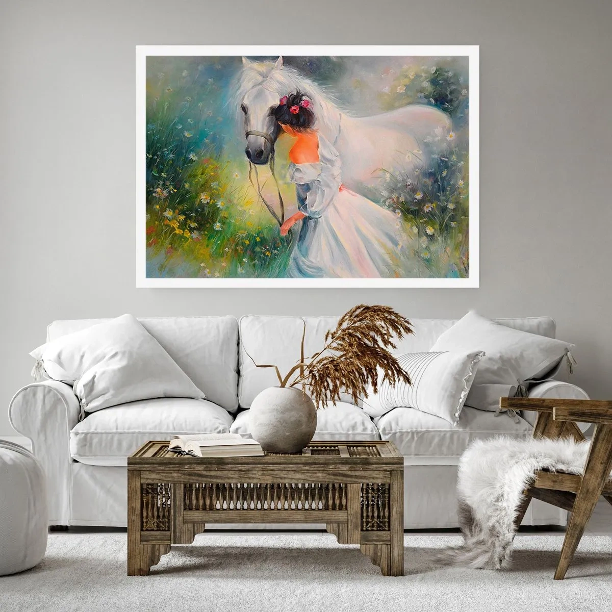 Poster - Una donna con un cavallo bianco in un ambiente pittoresco - 100x70cm - Come in un bel sogno - Decorazione murale moderna per soggiorno e camera da letto ARTTOR