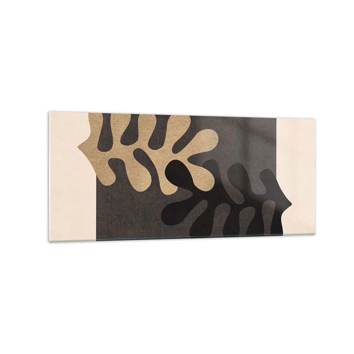 Quadro su vetro - Foglie astratte in nero e beige su uno sfondo rettangolare - 120x50cm - Assenza e completamento - Decorazione murale moderna per soggiorno e camera da letto ARTTOR