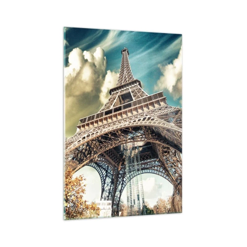 Quadro su vetro - La Torre Eiffel dal basso in un ambiente autunnale - 70x100cm - L'autunno a Parigi... - Decorazione murale moderna per soggiorno e camera da letto ARTTOR