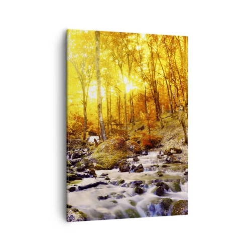 Quadro su tela - Stampe su Tela - Foresta autunnale con ruscello tra foglie dorate - 50x70cm - Pietre incorniciate in oro e platino - Decorazione murale moderna per soggiorno e camera da letto ARTTOR