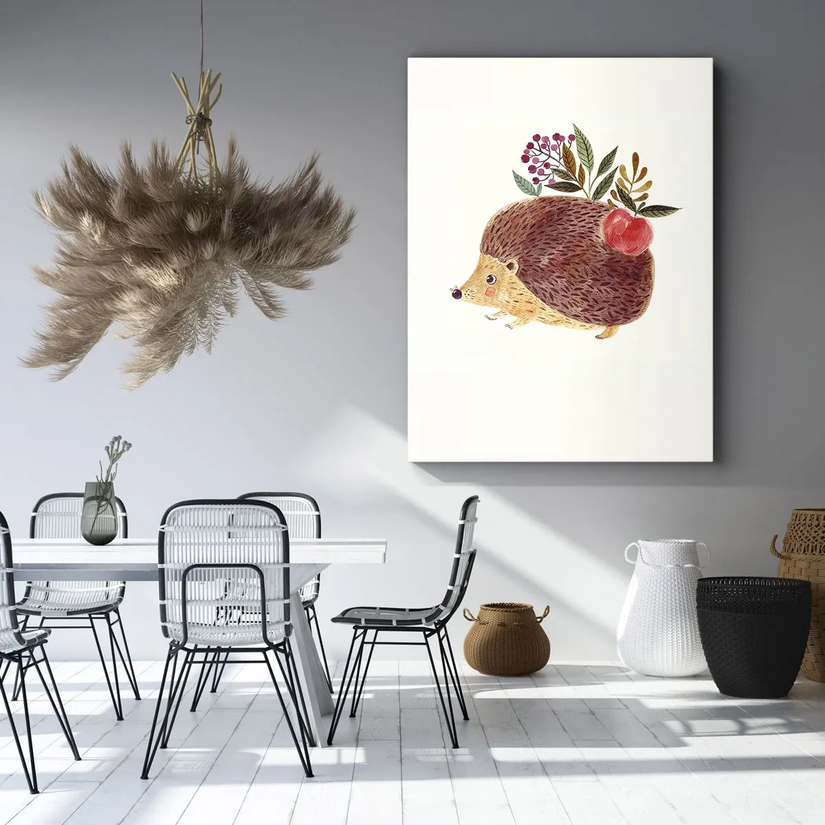 Quadro su tela - Stampe su Tela - Un simpatico riccio con una mela e delle piante in stile illustrativo - 50x70cm - E mi vuoi già bene - Decorazione murale moderna per soggiorno e camera da letto ARTTOR
