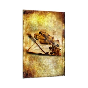 Quadro su vetro - Un violino con spartito su uno sfondo vintage dai toni caldi - 70x100cm - Ci vuole subito un virtuoso - Decorazione murale moderna per soggiorno e camera da letto ARTTOR