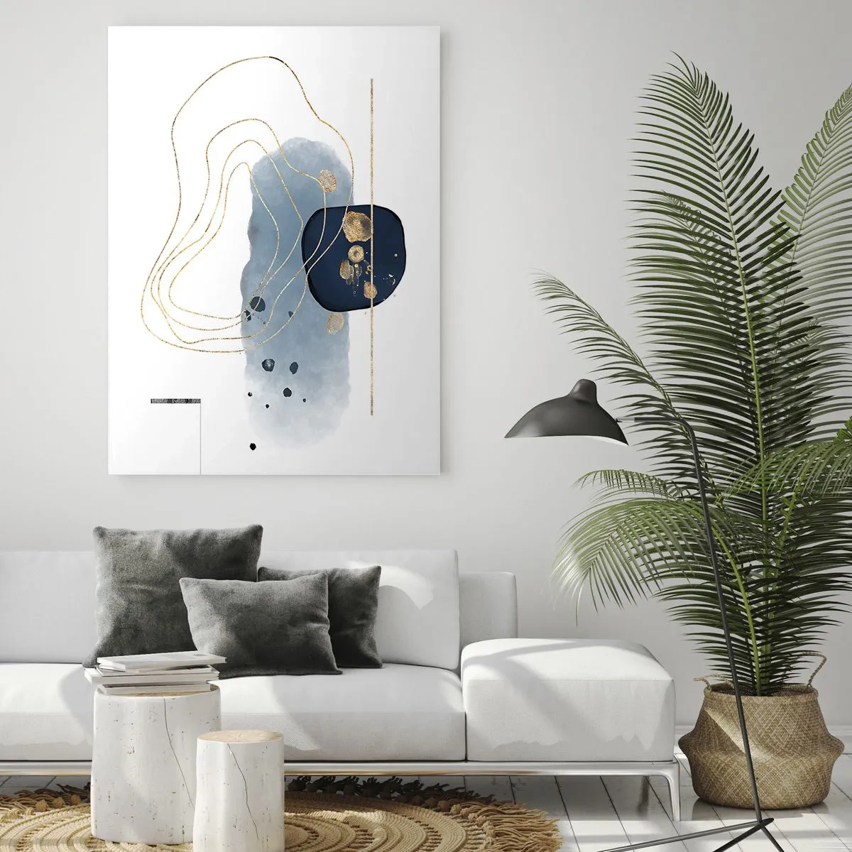 Quadro su vetro - Astrazione nei toni del blu e dell'oro - 70x100cm - Fantasia blu e oro - Decorazione murale moderna per soggiorno e camera da letto ARTTOR