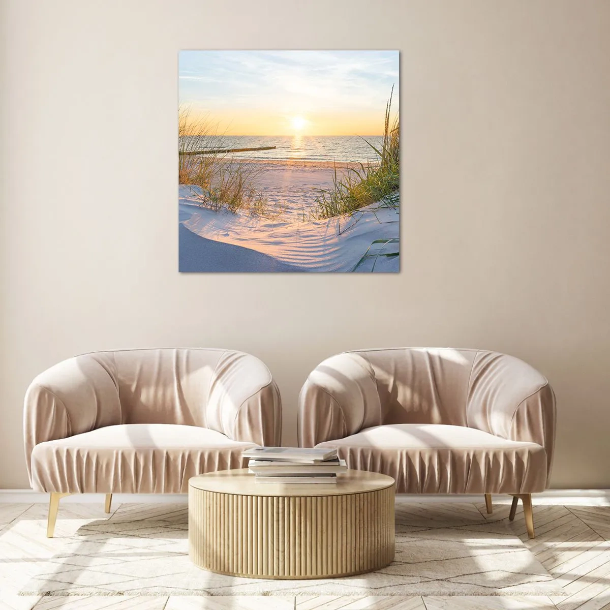 Quadro su vetro - Rumore del mare, uccelli che cantano, spiaggia selvatica tra i cespugli... - 50x50 cm