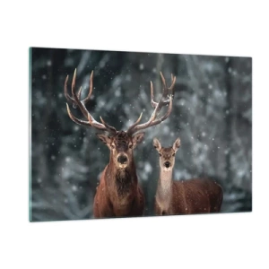 Quadro su vetro - Un cervo e una cerva in una foresta invernale ricoperta di neve - 120x80cm - Il re della foresta con la consorte - Decorazione murale moderna per soggiorno e camera da letto ARTTOR