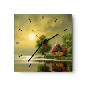 Orologio da parete - Orologio in Vetro - Casa sul lago alla luce del tramonto - 30x30cm - Bello come un quadro - Decorazione murale moderna per soggiorno e camera da letto ARTTOR