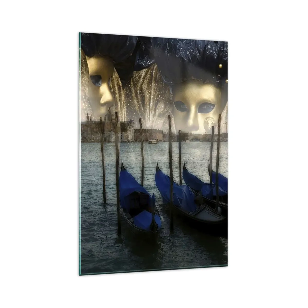 Quadro su vetro - Maschere di carnevale veneziane e gondole sullo sfondo della città e dell'acqua - 80x120cm - È ora di iniziare il carnevale - Decorazione murale moderna per soggiorno e camera da letto ARTTOR