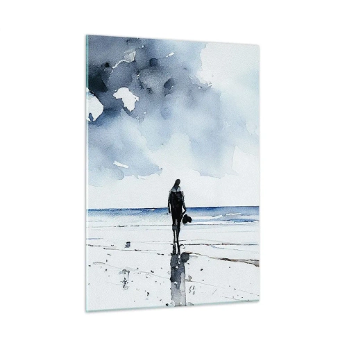 Quadro su vetro - Silhouette di una persona in riva al mare in delicato acquerello - 50x70cm - Dialogo con il mare - Decorazione murale moderna per soggiorno e camera da letto ARTTOR