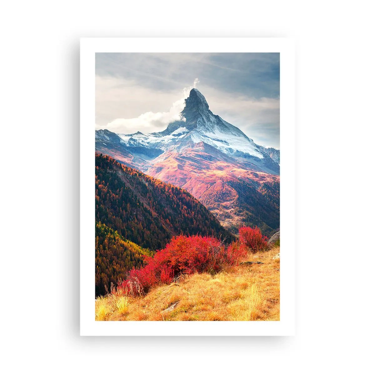Poster - Paesaggio montano autunnale con cima innevata - 50x70cm - Autunno alpino - Decorazione murale moderna per soggiorno e camera da letto ARTTOR
