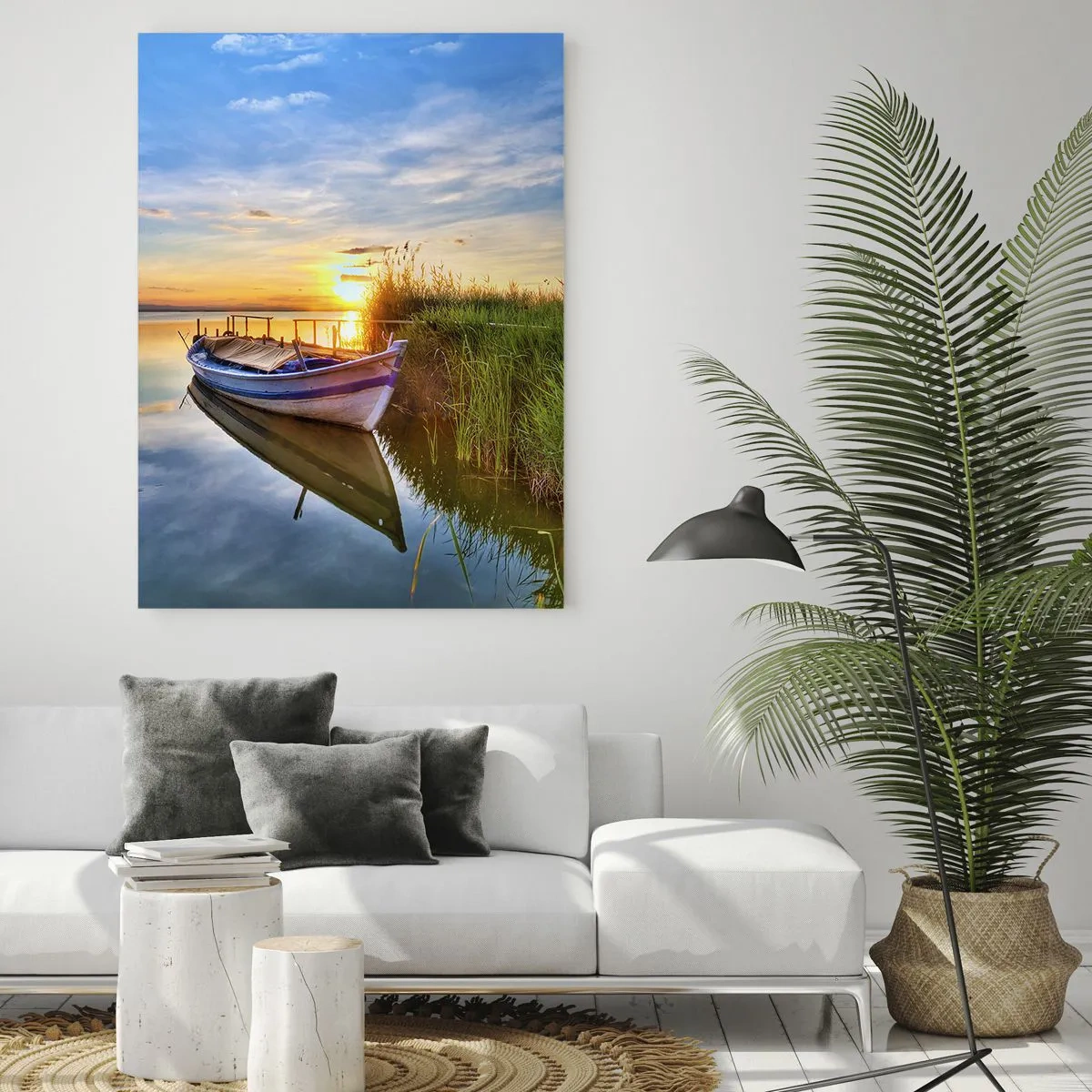 Quadro su vetro - Una barca in una baia tranquilla al tramonto - 80x120cm - L'insenatura dei sogni realizzati - Decorazione murale moderna per soggiorno e camera da letto ARTTOR