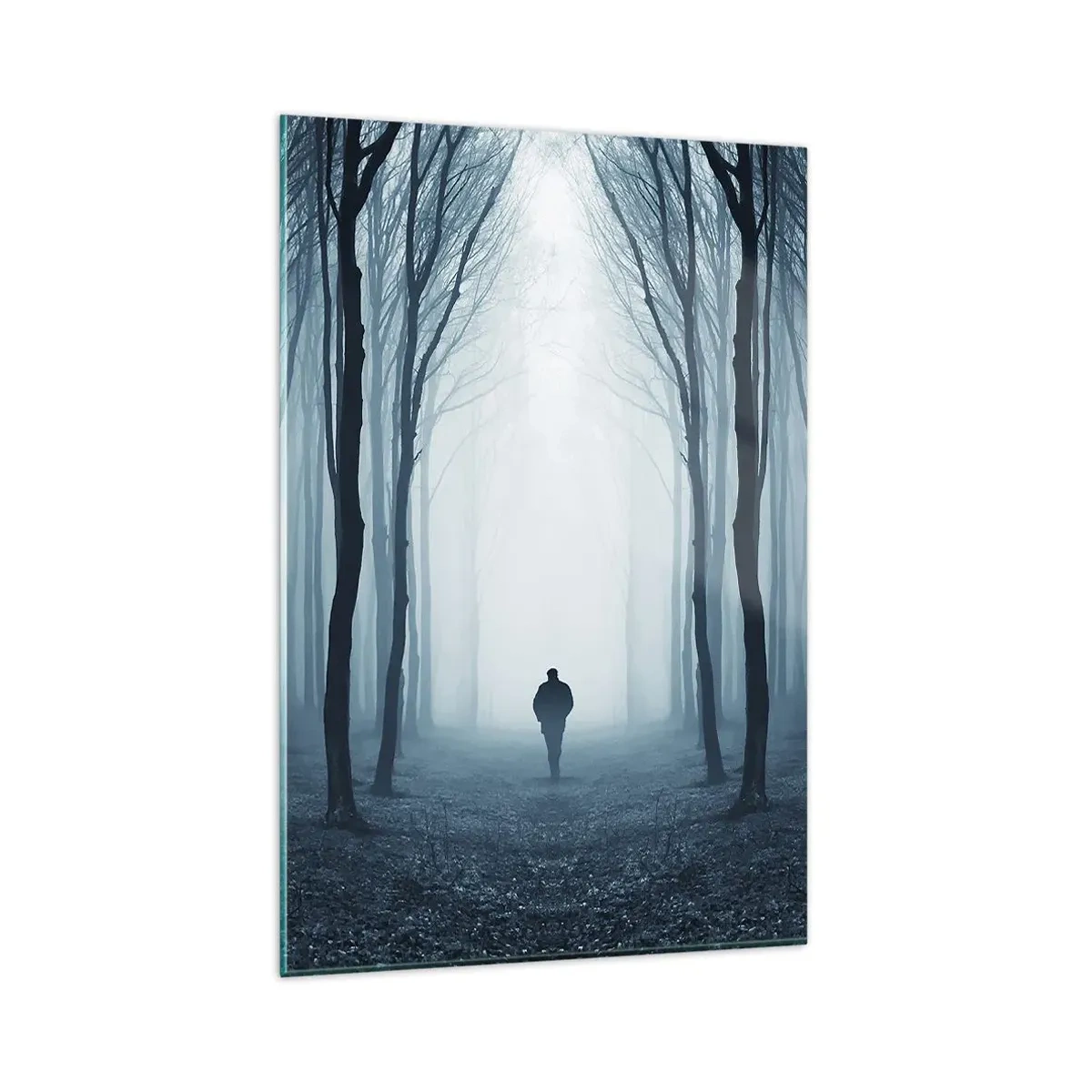 Quadro su vetro - Una figura che cammina tra gli alberi in una foresta nebbiosa - 80x120cm - E tutto è semplice e chiaro - Decorazione murale moderna per soggiorno e camera da letto ARTTOR