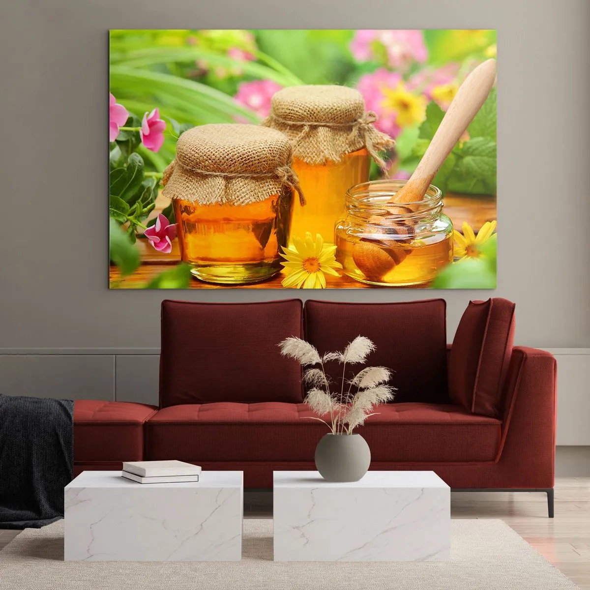 Quadro su vetro - Vasetti di miele su uno sfondo di fiori nel giardino - 100x70cm - Dolce miele di fiori - Decorazione murale moderna per soggiorno e camera da letto ARTTOR