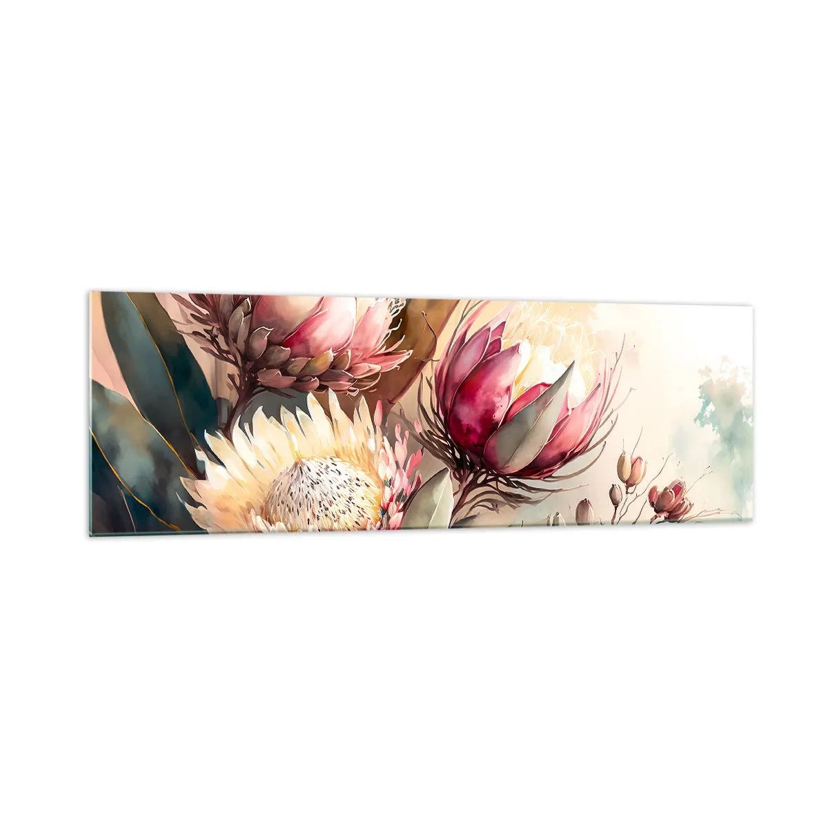 Quadro su vetro - Fiori di protea in delicate tonalità pastello - 160x50cm - Di profilo e di fronte - Decorazione murale moderna per soggiorno e camera da letto ARTTOR