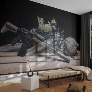 Fotomurali Premium Sand - Riposo! - Militare, Fucile, Arma - 300x210 cm