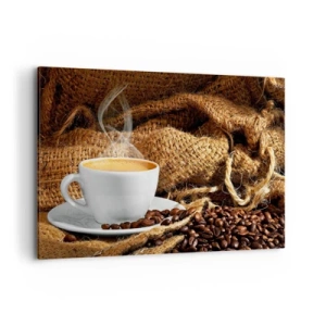 Quadro su tela - Stampe su Tela - Una tazza di caffè circondata da un sacchetto di chicchi di caffè - 120x80cm - L'odore di caffè con la schiuma del colore del miele - Decorazione murale moderna per soggiorno e camera da letto ARTTOR