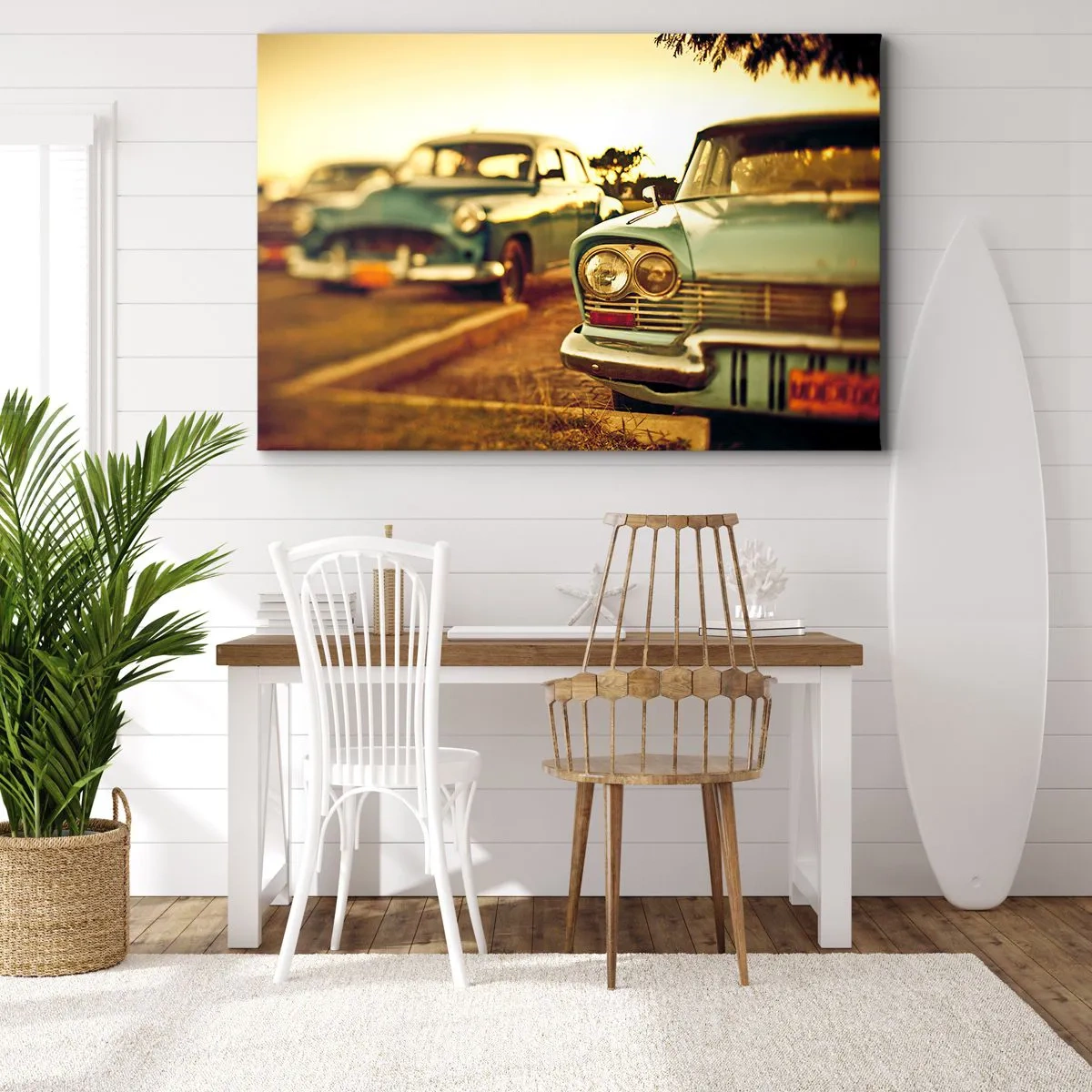 Quadro su tela - Stampe su Tela - Auto d'epoca nella calda luce del tramonto - 70x50cm - Aspettiamo, vediamo - Decorazione murale moderna per soggiorno e camera da letto ARTTOR