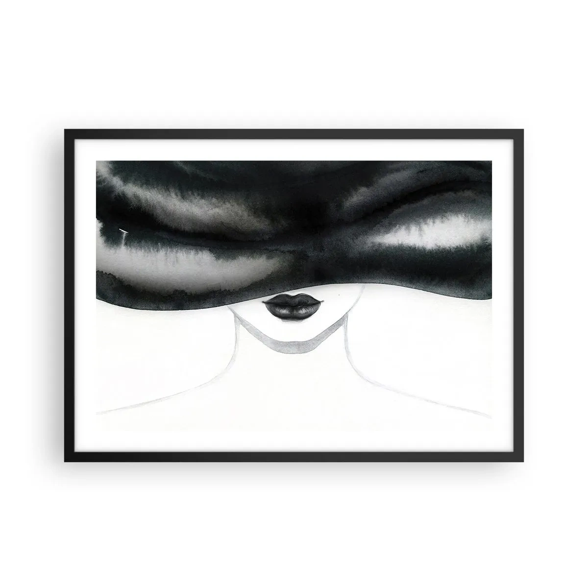 Poster in cornice nera - Un delicato ritratto di una donna con il volto coperto in stile monocromo. - 70x50cm - Il segreto dei sensi - Decorazione murale moderna per soggiorno e camera da letto ARTTOR